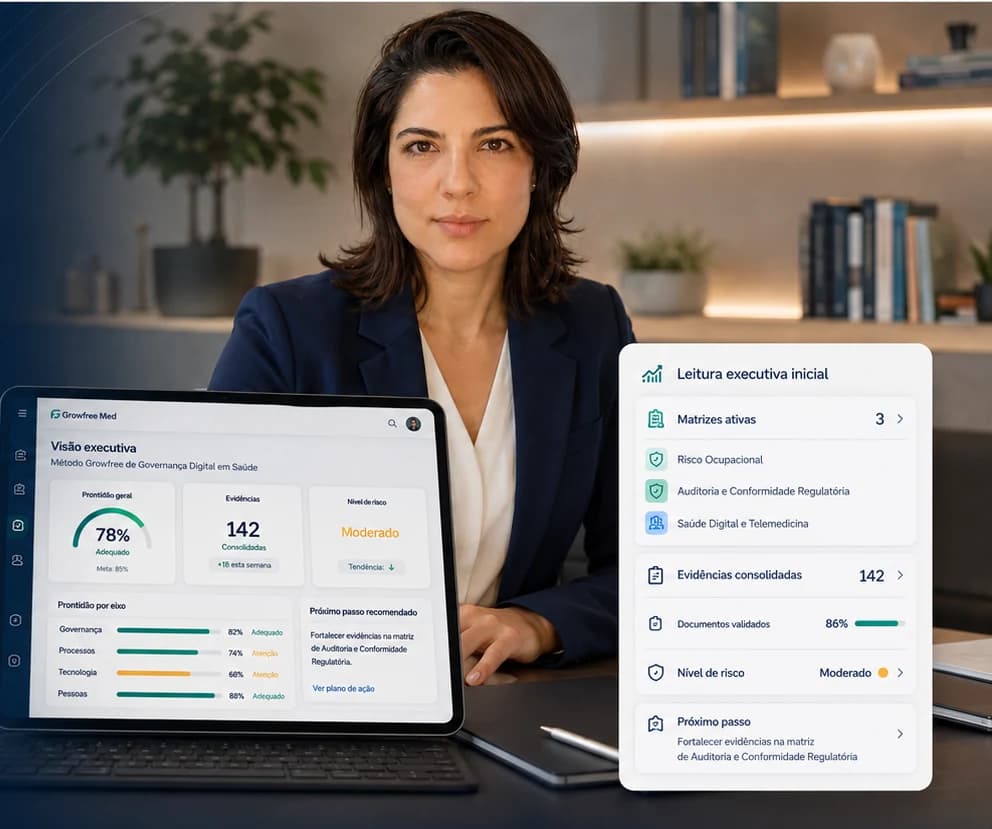 Dra. Esmaela Corrêa em consultoria de governança digital em saúde com painel executivo Growfree Med